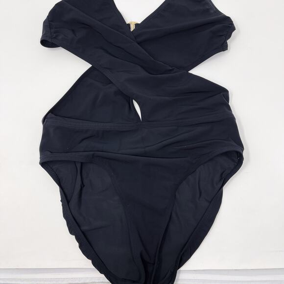 Tory Burch Solid Wrap One Piece Swimsuit Black XSmall XS Halter Neck Cut Outs - Picture 4 of 9